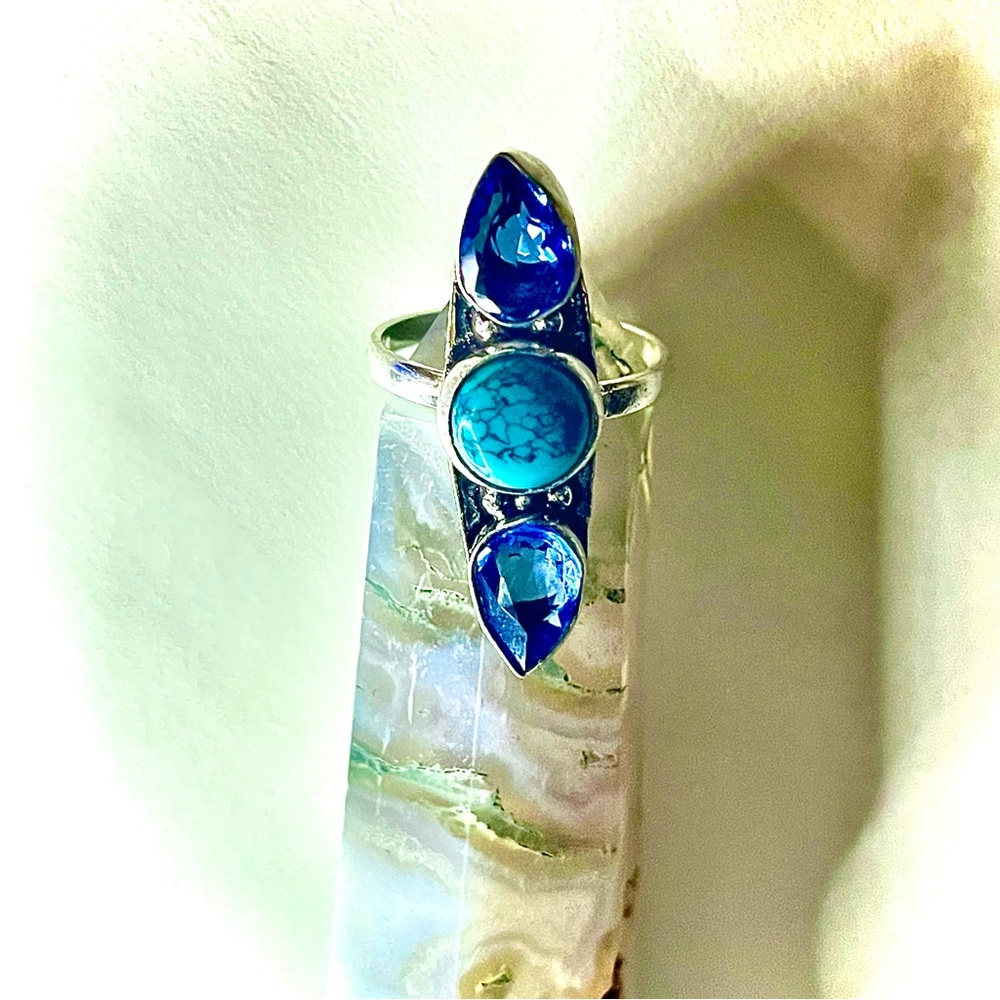 New 925 Sterling Silver Blue Imperial Topaz Turquoise Artisten 3 Tier Ring - Picture 16 of 17
